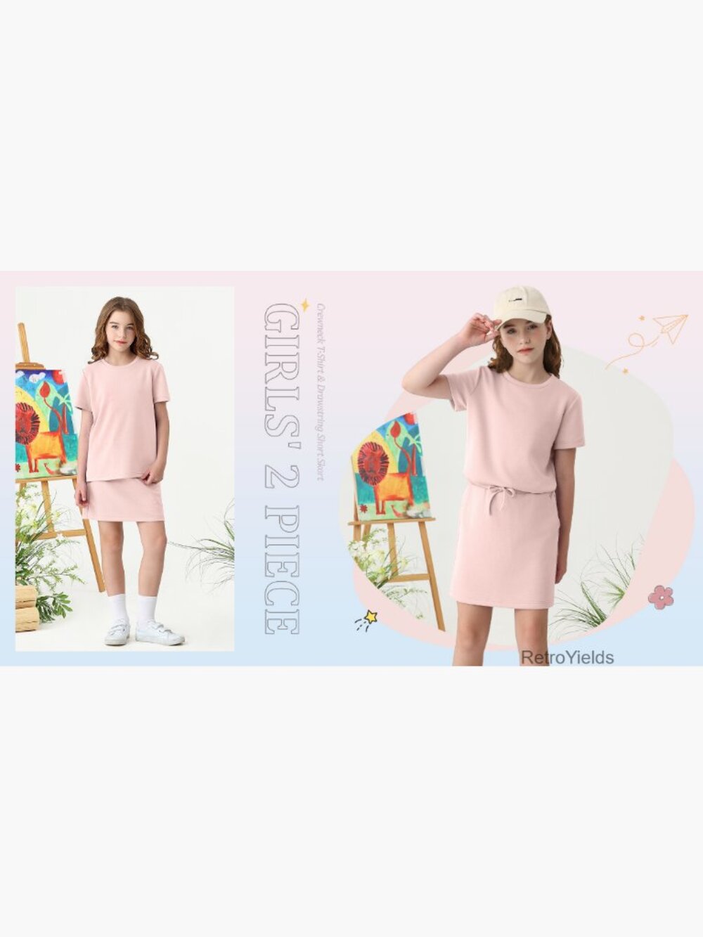 Girls Skirt Set 2 Piece Short Sleeve Tee with Pockets Skort Summer Outfit - Picture 7 of 7